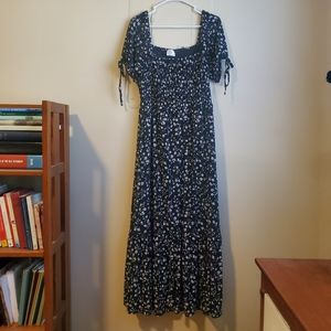 Black & White Smocked Floral Maxi Dress